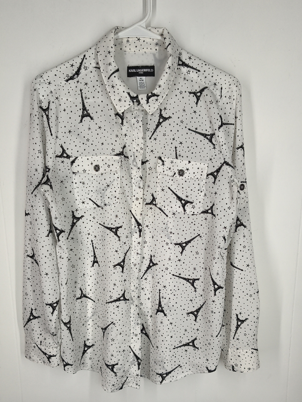 Karl Lagerfeld Eiffel Tower Button Down Shirt Long Sleeve White Black Medium